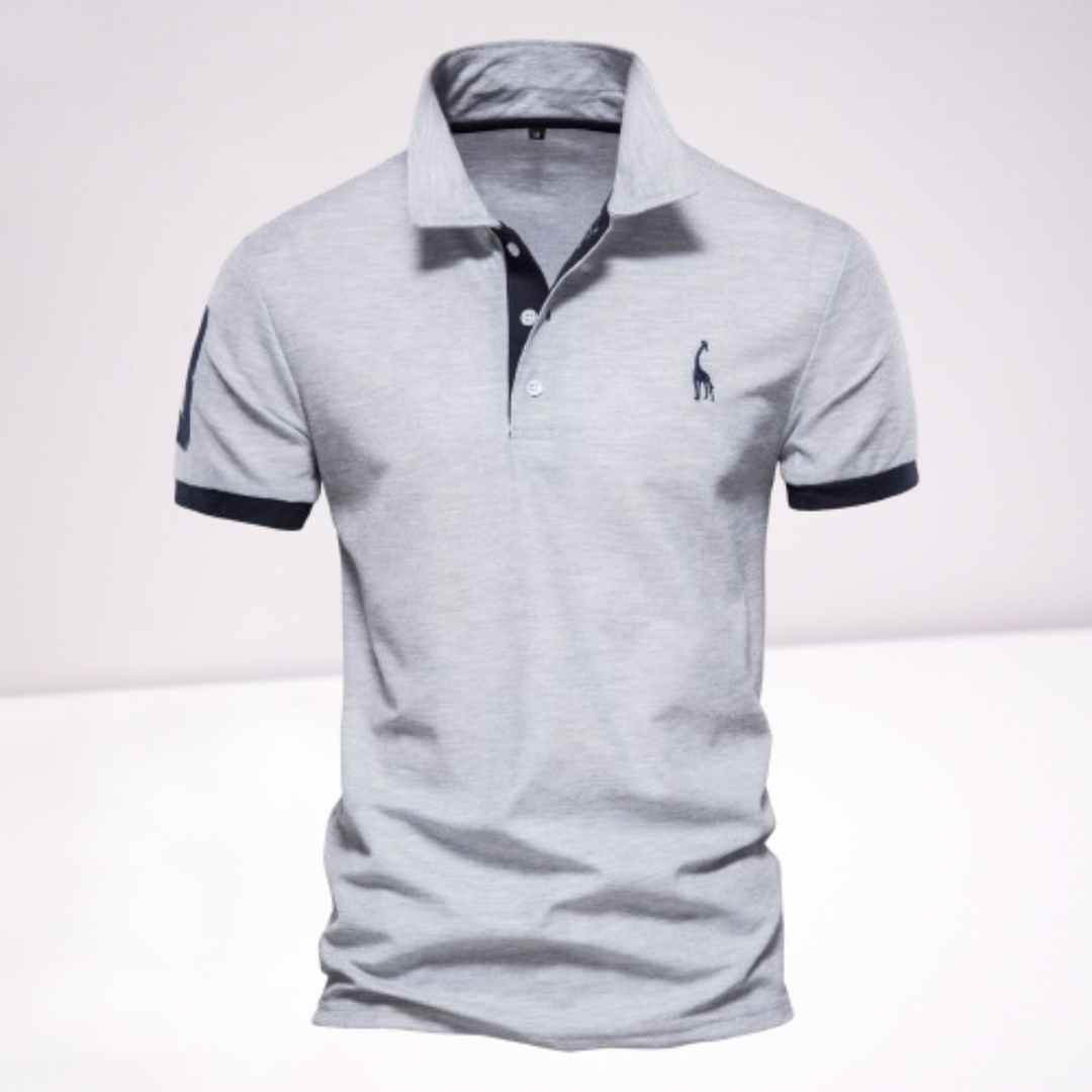 Men's navy blue ComfortFit short-sleeve polo shirt with ribbed collar and two-button placket