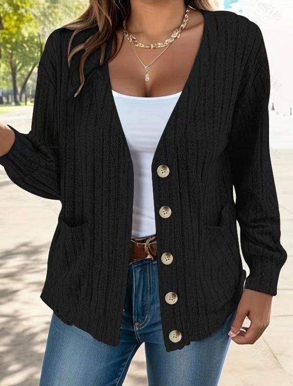 Women's relaxed fit ribbed knit cardigan with button front closure and side pockets