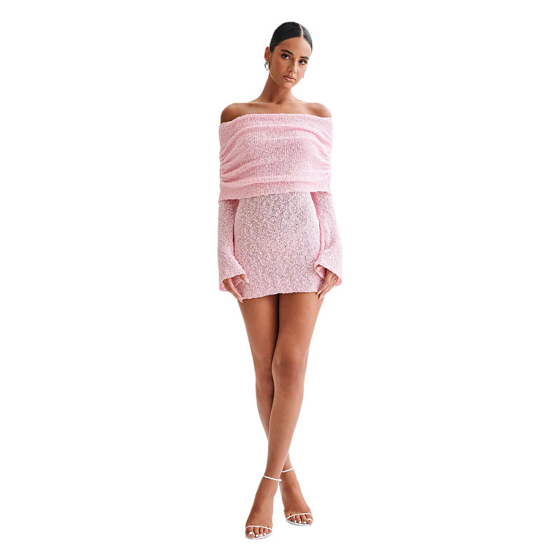 Women's off-shoulder slim fit semi-transparent knit beach dress with long sleeves, chic coastal style
