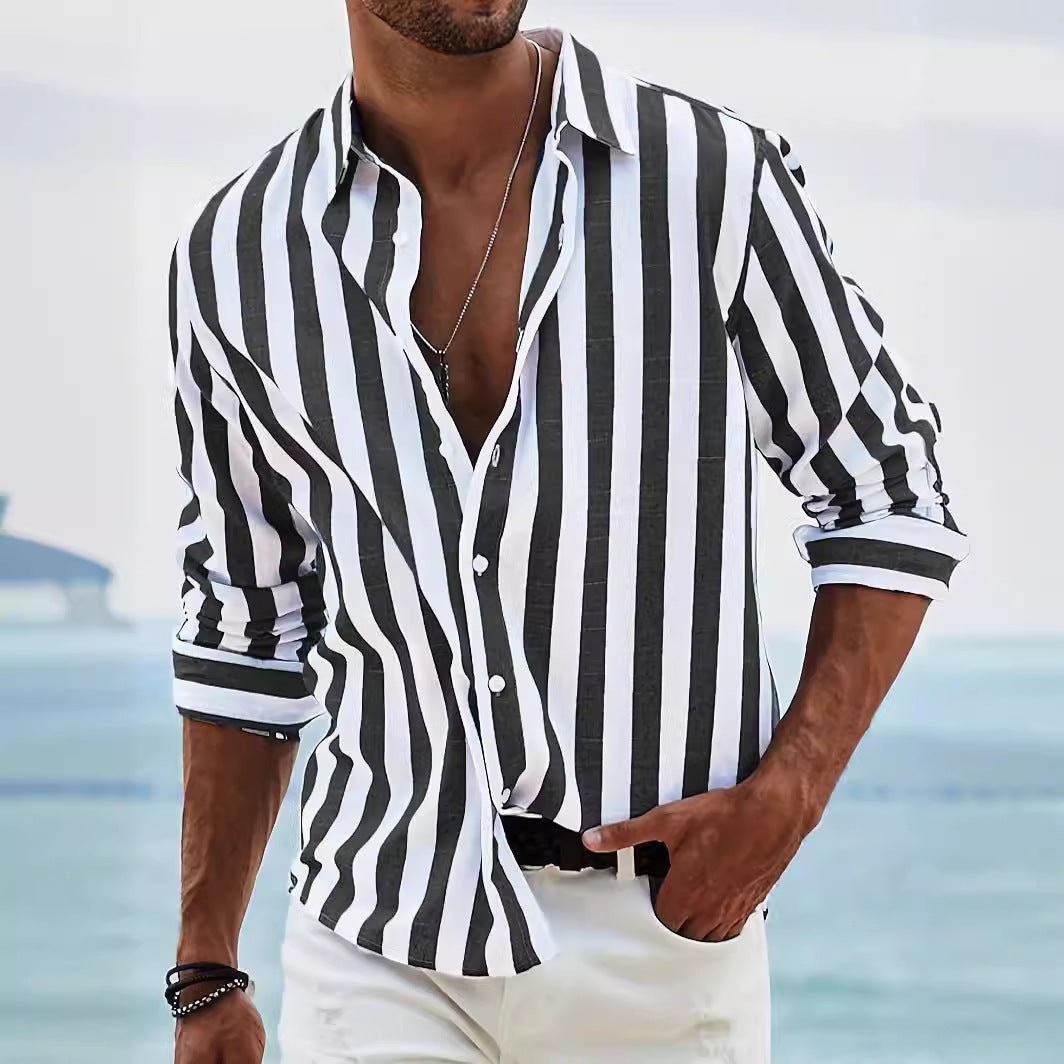 Men's striped cotton linen blend long sleeve shirt relaxed fit breathable lightweight casual wear
