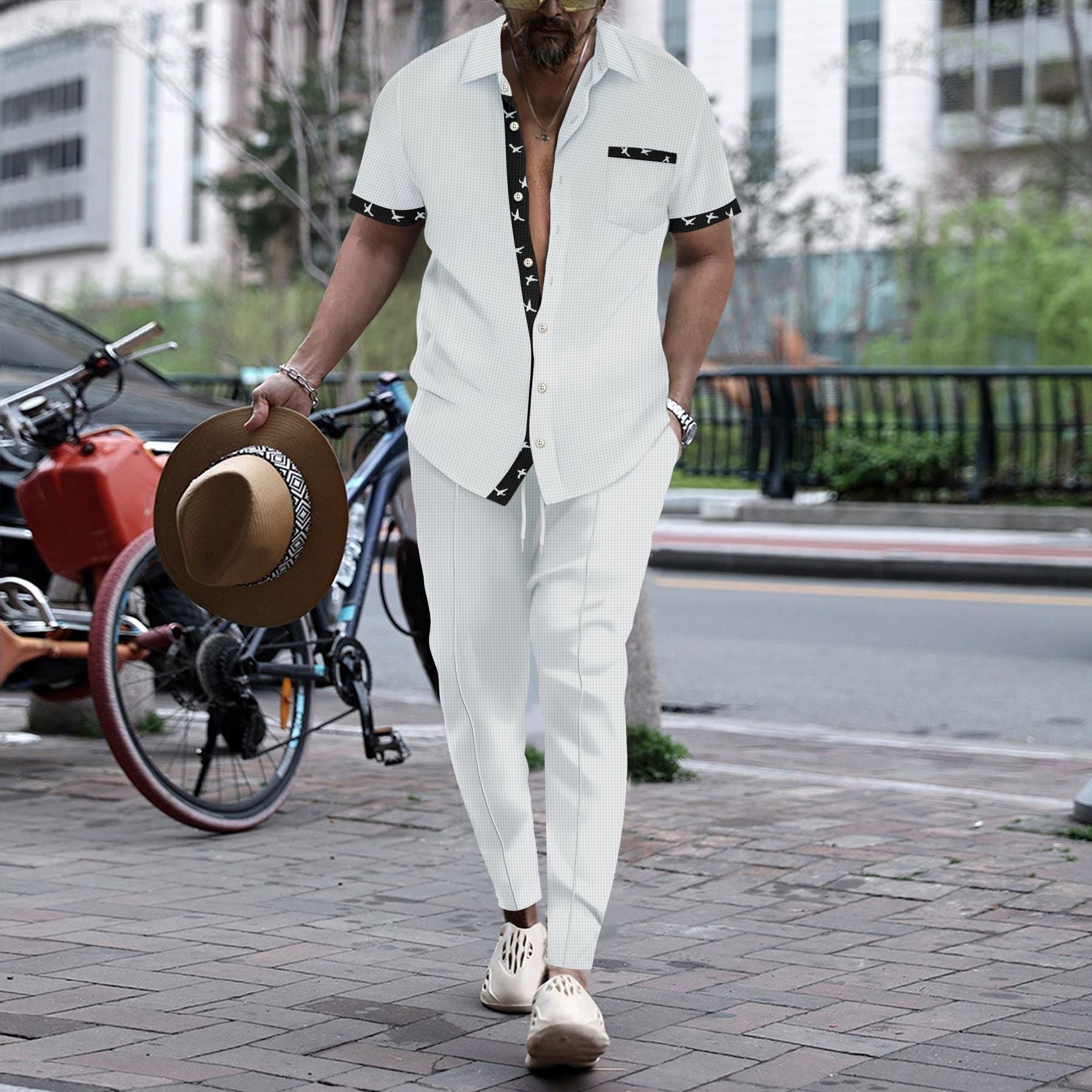 Men's relaxed fit short sleeve set with elegant trim, breathable lightweight fabric for summer style