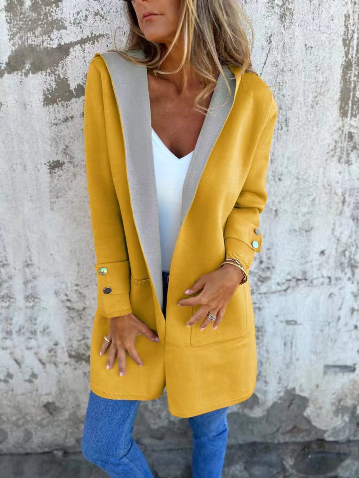Women's soft knit hooded cardigan longline relaxed fit cozy layering everyday style