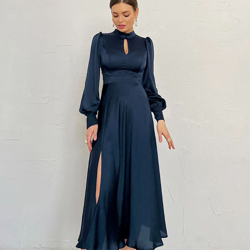 Luxurious satin maxi dress high neck puff sleeves loose fit formal evening gown women