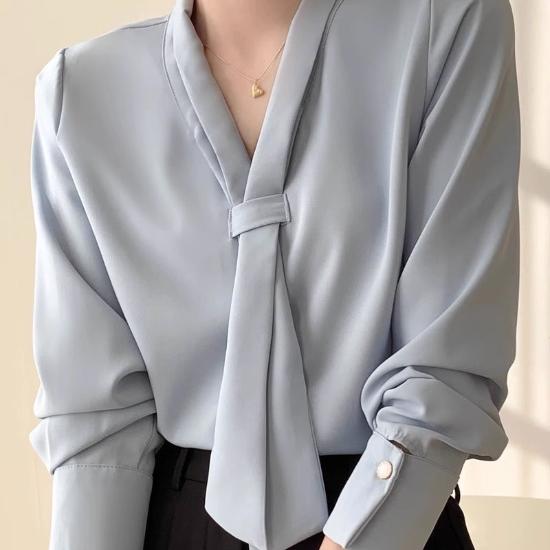 Women's chiffon blouse with draped bow tie neck, lightweight flowy silhouette for professional office wear