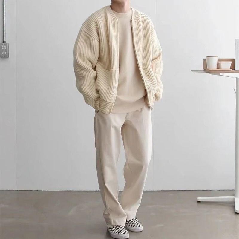 Men's relaxed fit open front cardigan ribbed knit wool-like comfort casual everyday essential