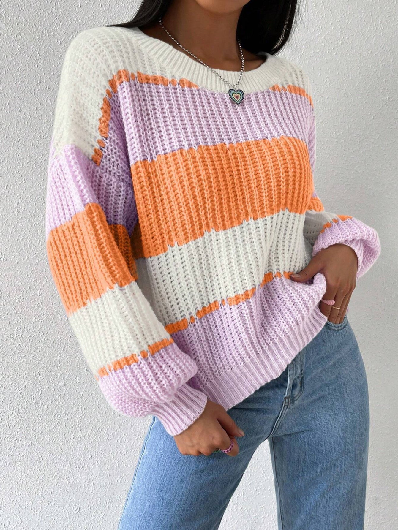 Women's striped knit pullover sweater classic cozy fit breathable fabric everyday layering essential