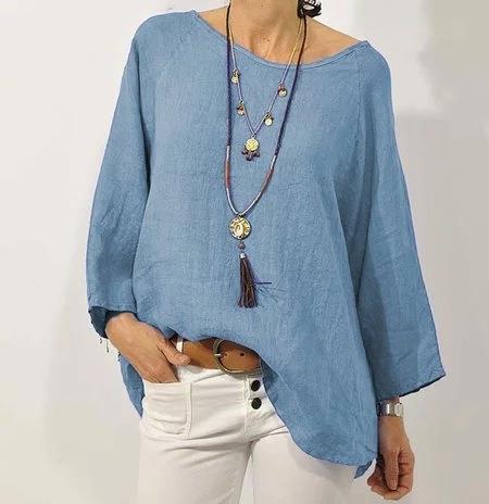 Women's casual loose fit long sleeve top in neutral tone, breathable everyday layering essential