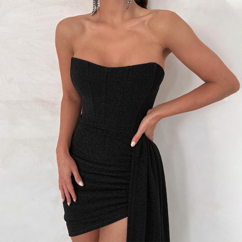 Satin strapless bodycon mini dress with draped waist and asymmetric hem for evening cocktails