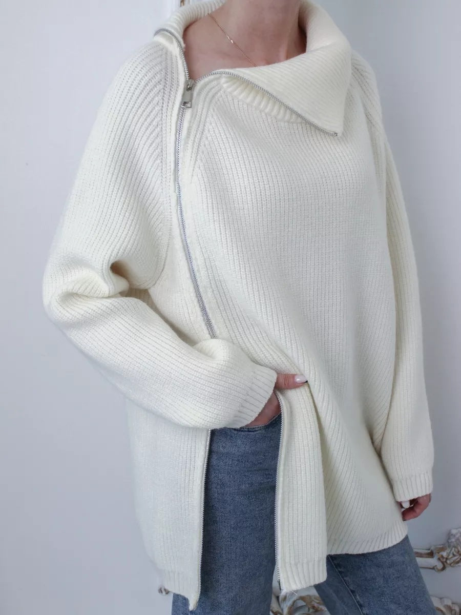 Women's oversized ribbed knit pullover sweater with asymmetrical zipper and large statement collar