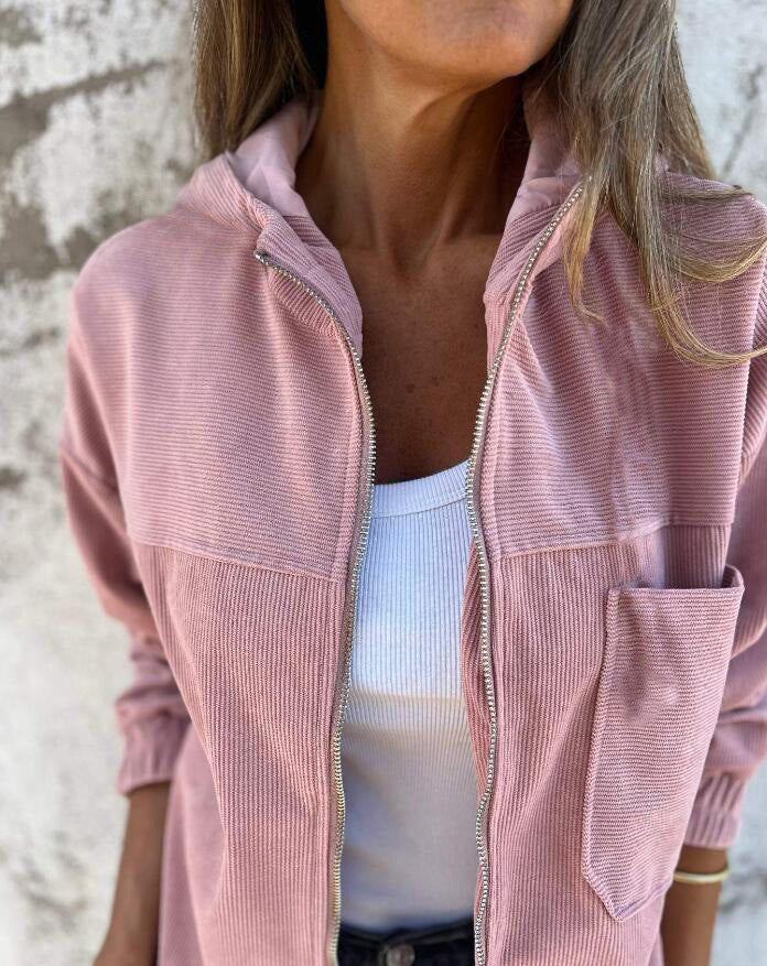 Women's corduroy hooded zip-up jacket casual loose fit streetwear with soft textured fabric