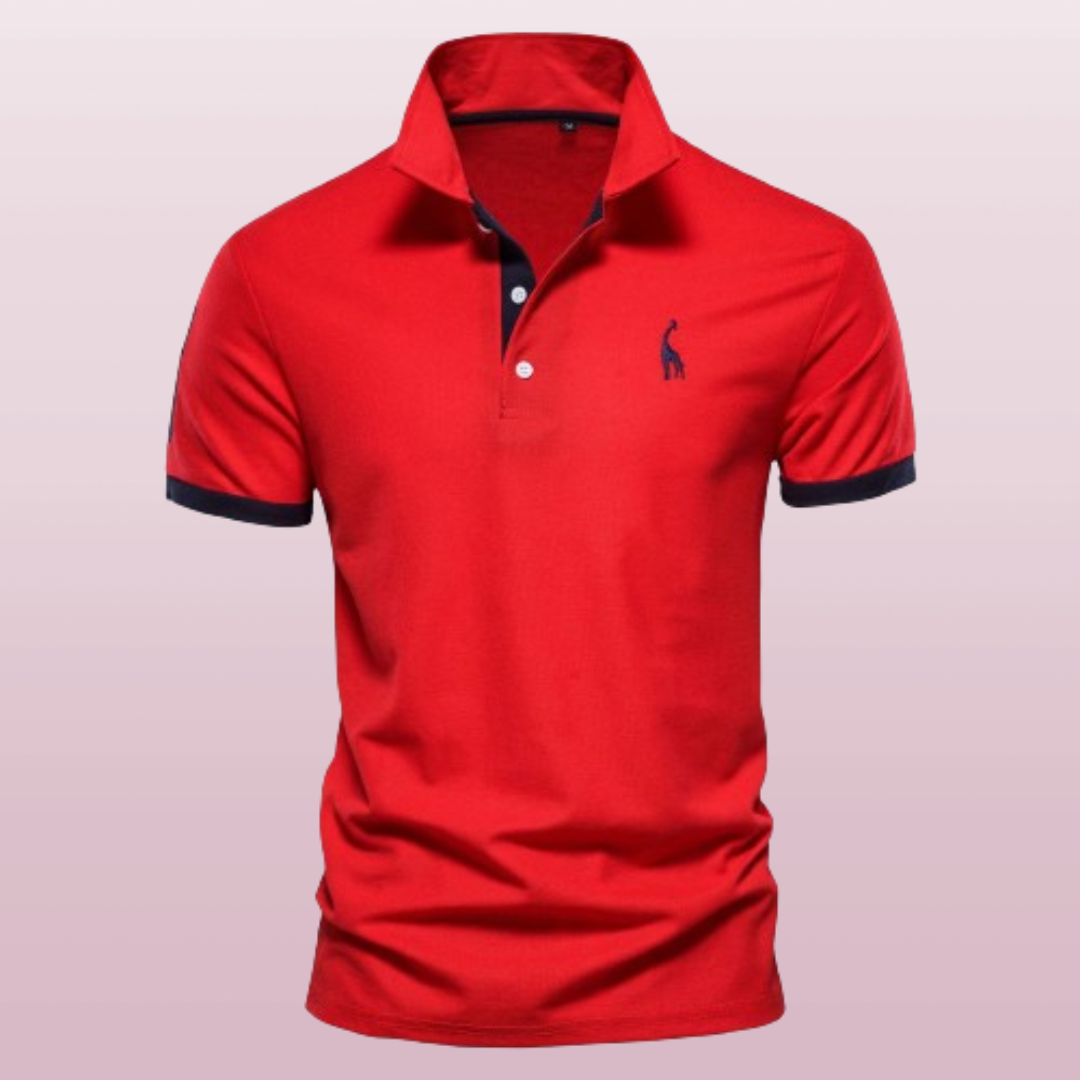 Men's navy blue modern polo shirt, ribbed collar, two-button placket, cotton blend breathable fabric