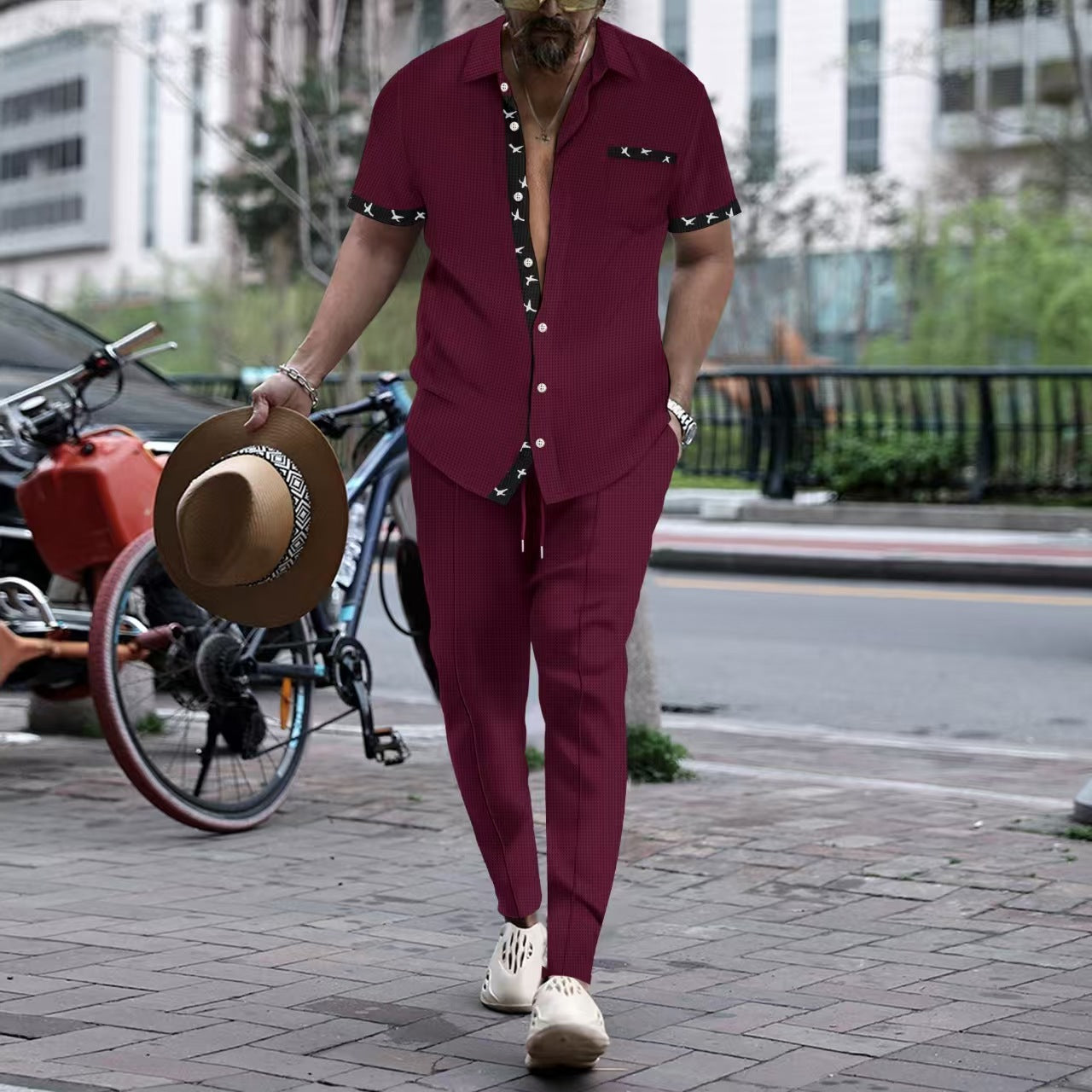 Men's relaxed fit short sleeve set with elegant trim, breathable summer style in neutral tones