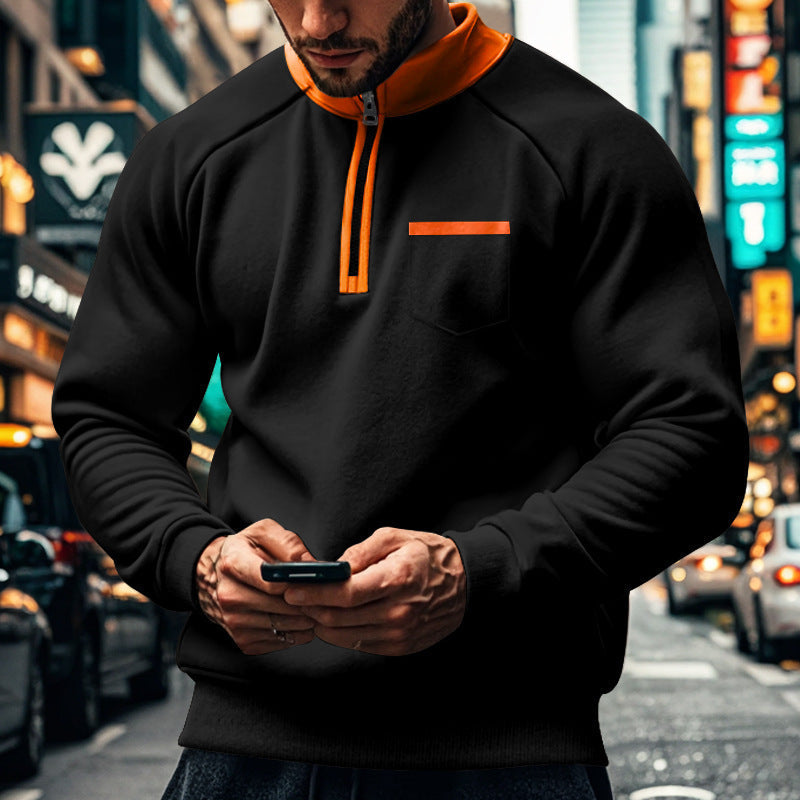 Men's gray raglan sweatshirt stand collar zip chest pocket regular fit casual streetwear