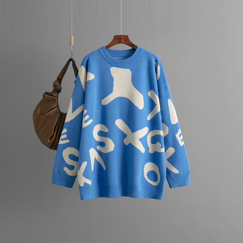 Women's oversized graphic knit sweater bold patterned cozy fall winter pullover relaxed silhouette