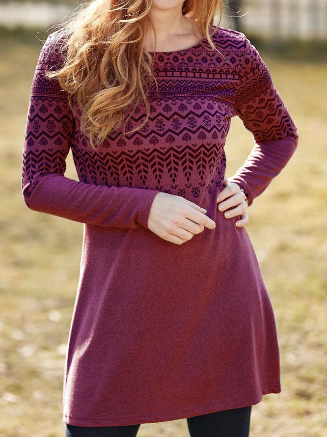 Women's long sleeve relaxed fit dress in ethnic print with ultra-soft brushed fabric and round neck