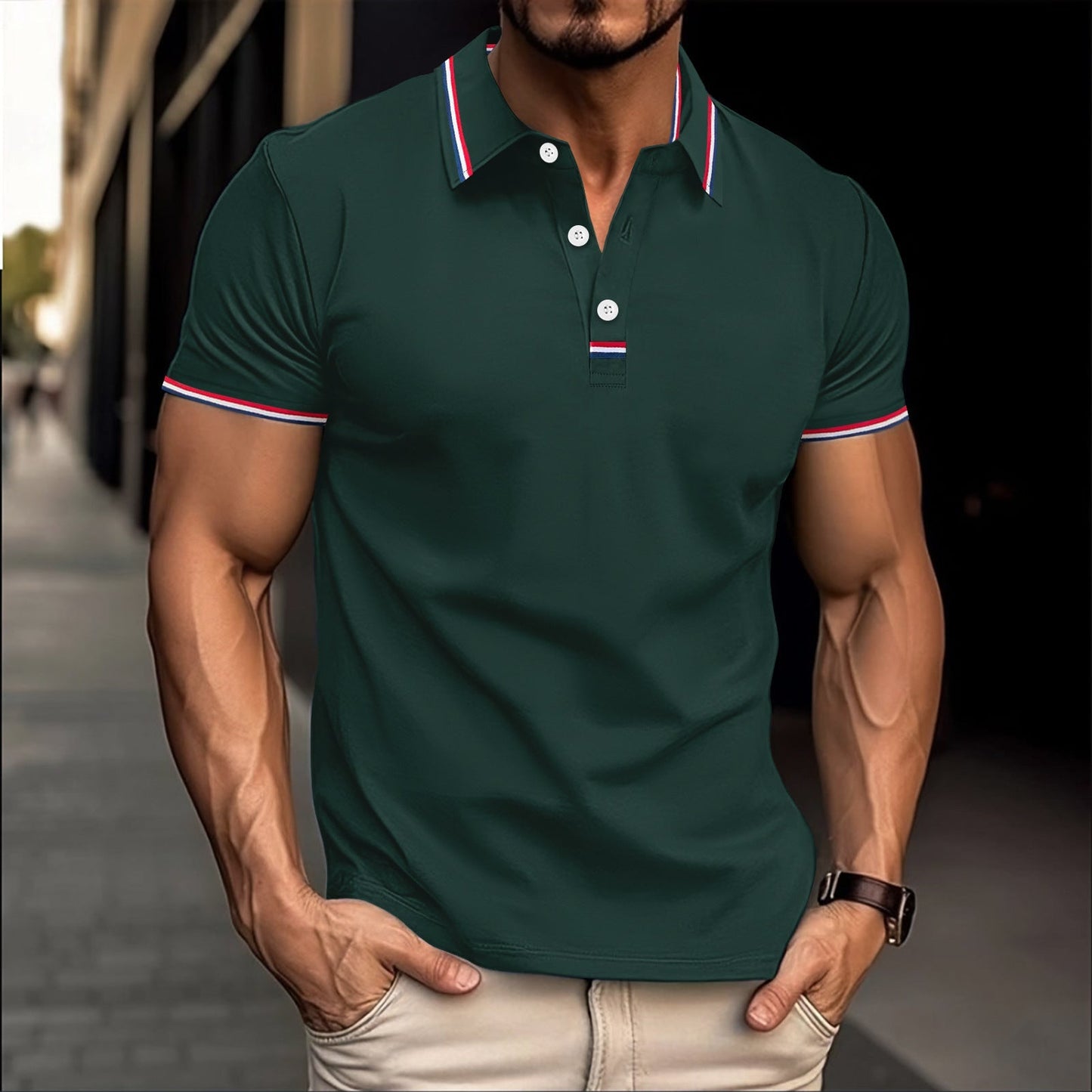 Men's slim fit cotton blend polo shirt with ribbed collar and button placket, polished versatile style