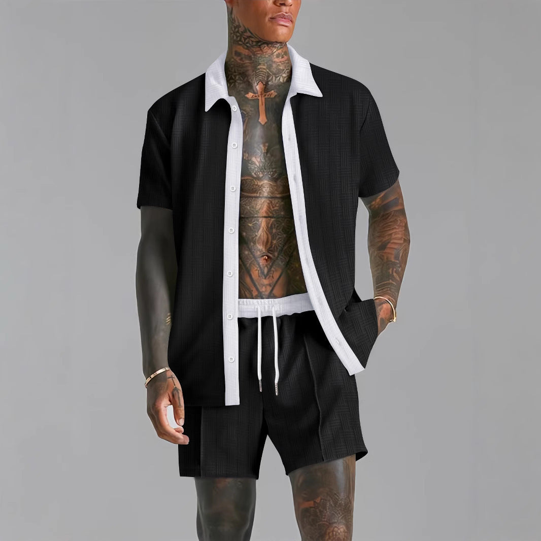 Men's navy cotton blend matching shirt and shorts set, relaxed fit, coordinated two-piece travel outfit