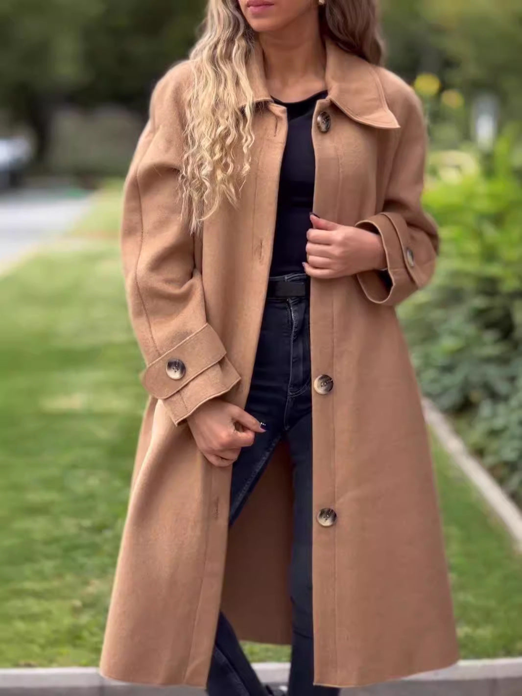 Women's wool blend long coat relaxed fit full-length silhouette with classic collar button front closure