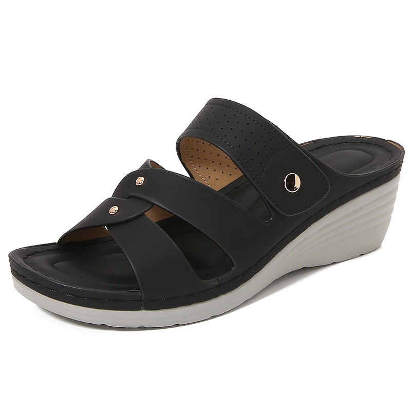 Women's wedge heel slip-on sandals open toe with studded straps for all-day comfort