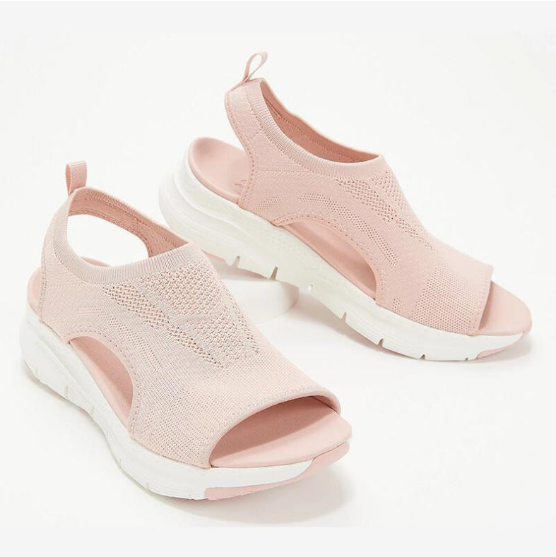 Women's gray knit slip-on sport sandals with open toe design and orthopedic supportive platform sole