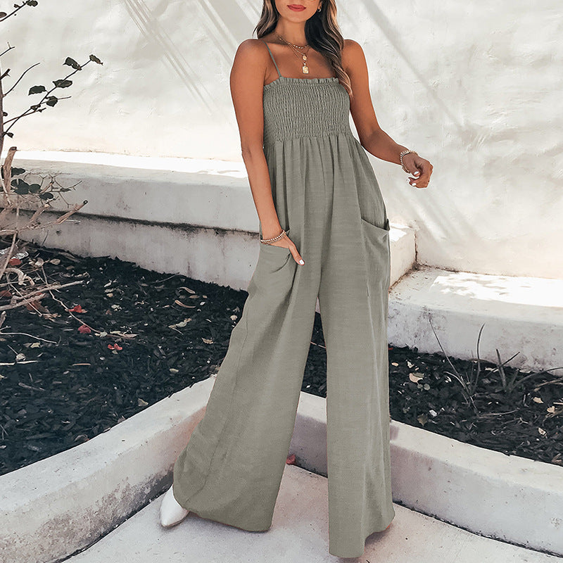 Women's relaxed fit spaghetti strap jumpsuit with ruched bodice, pockets, ankle length lightweight