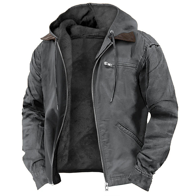 Men's relaxed fit fleece-lined hooded jacket with utility pockets, hip-length warm coat