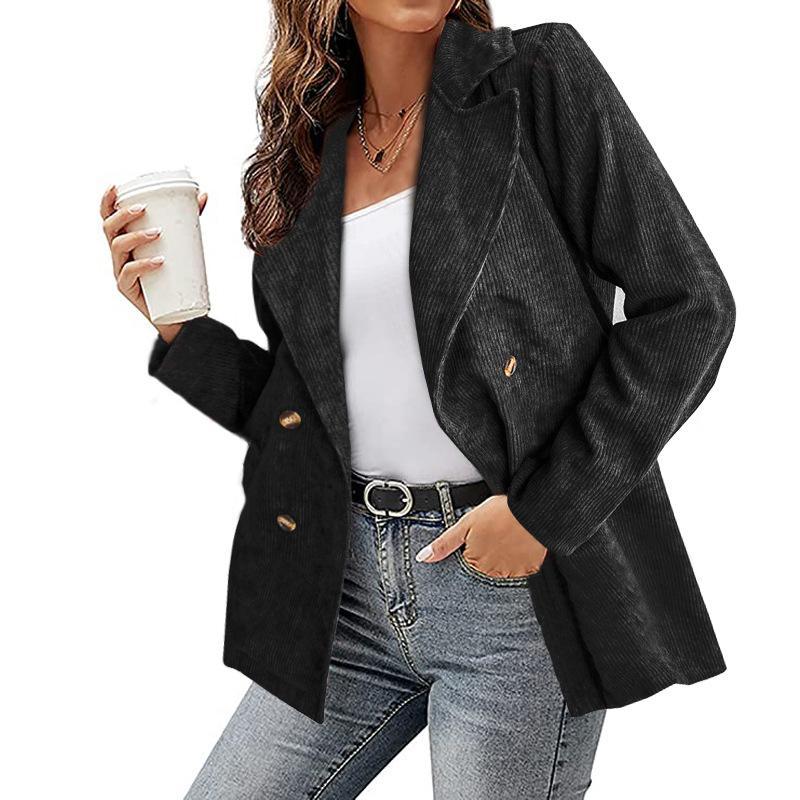 Beige double-breasted lightweight trench coat with notched collar, casual minimalist silhouette