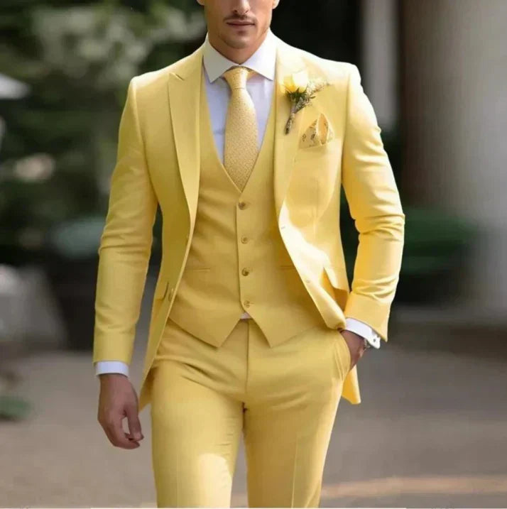 Men's navy 3-piece classic fit wedding suit with two-button blazer, waistcoat, and matching trousers