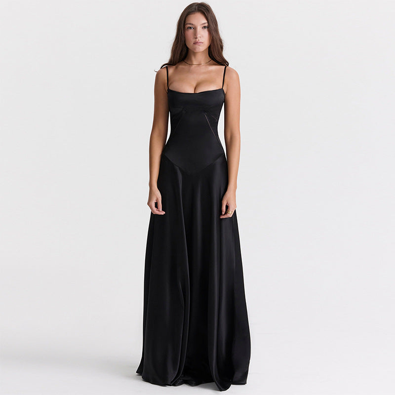 Women's satin A-line long dress with spaghetti straps and cut-out waist detail for glamorous evenings