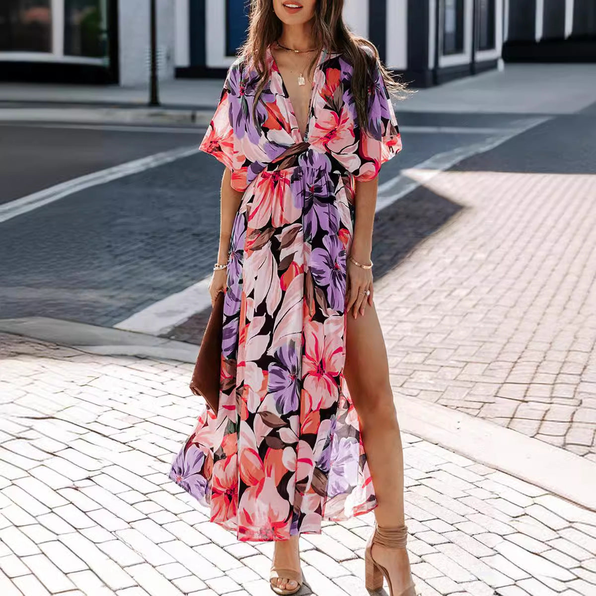 Women's floral maxi dress wrap V-neckline flowing slit silhouette elegant warm-weather style