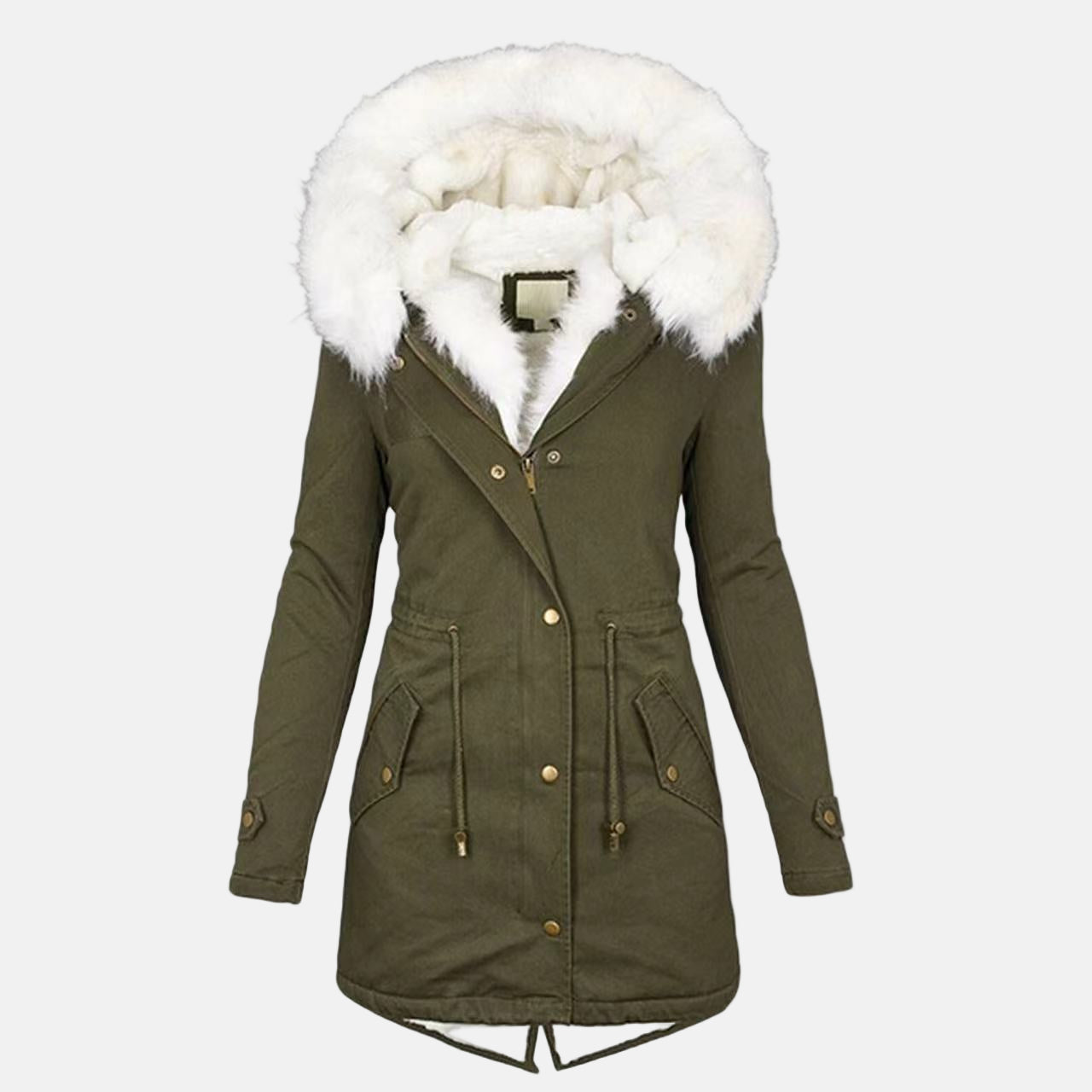 Women's mid-length hooded parka fleece-lined water-resistant coat with plush faux fur trim