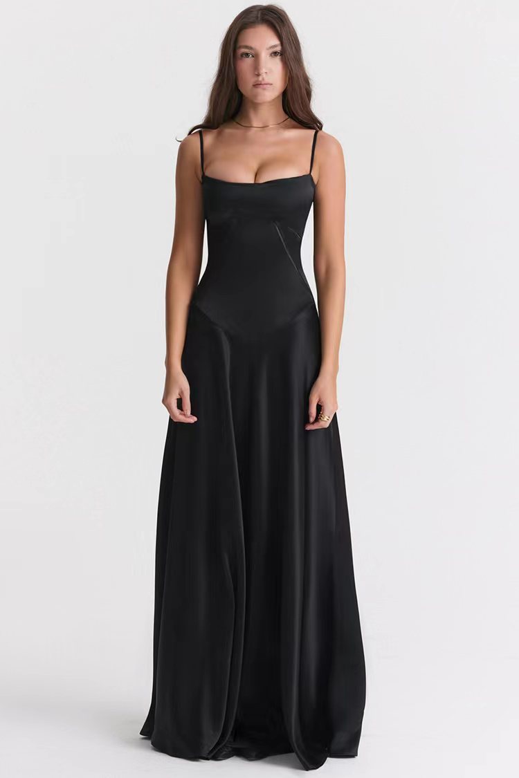 Women's black satin slim fit evening dress with open back and spaghetti straps