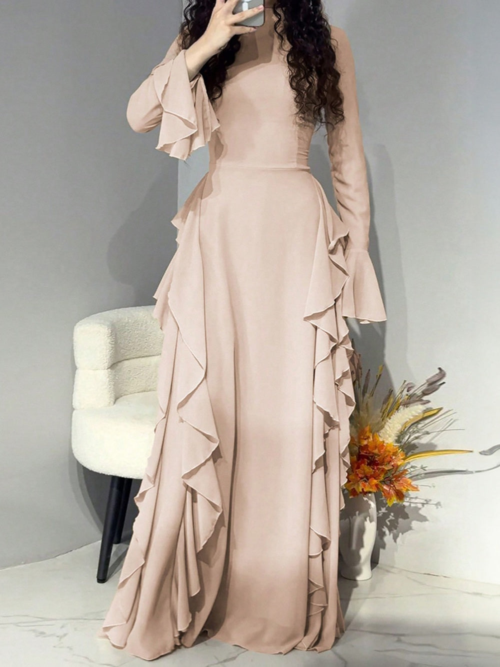Women's elegant solid high waist trumpet sleeve dress with ruffles and half collar irregular hem