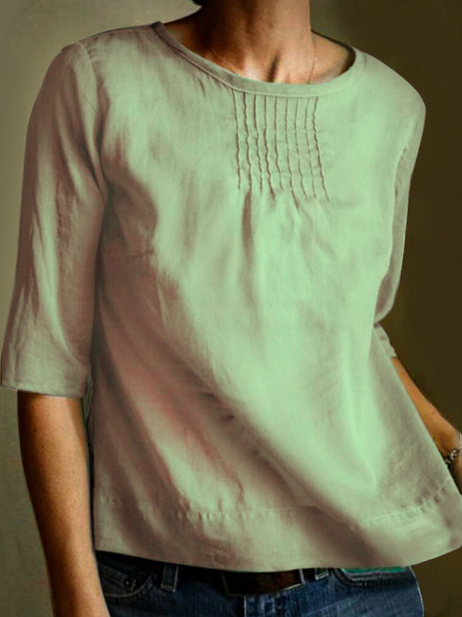 Women's loose fit cotton linen blouse with pleated front, three quarter sleeves, effortless summer style