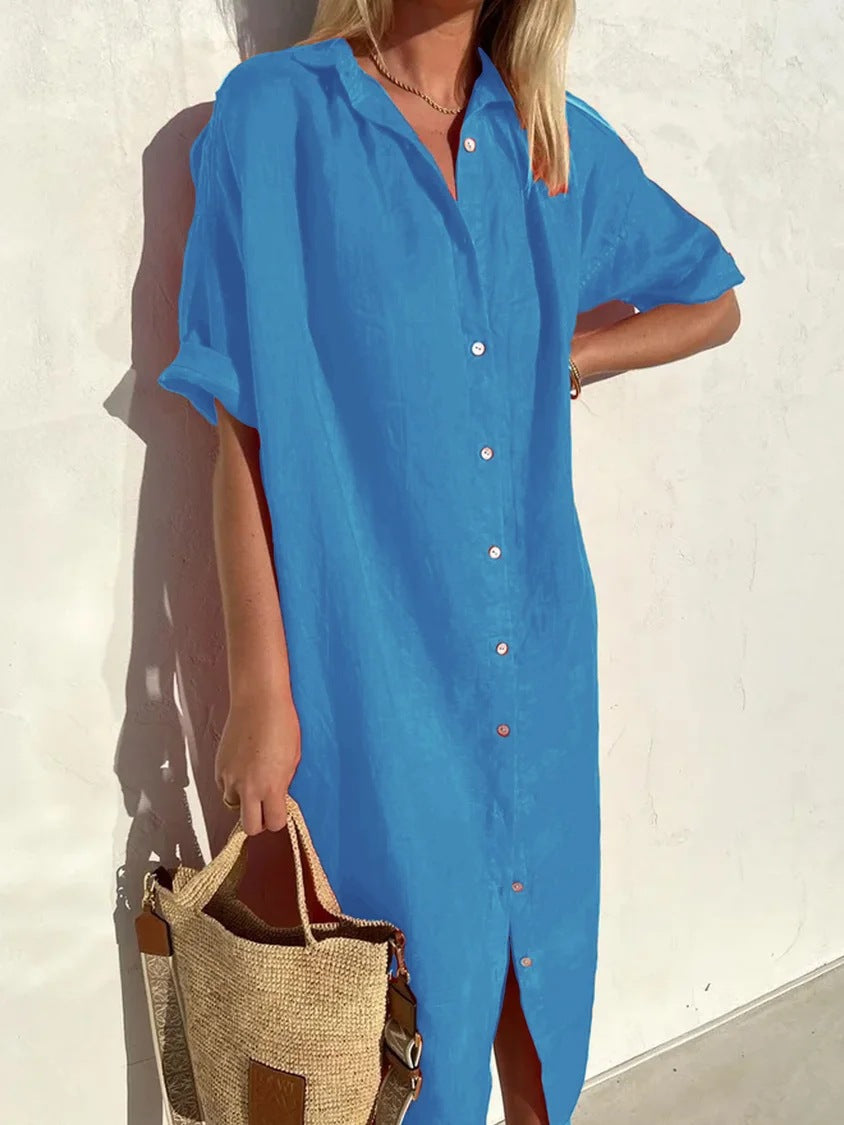 Women's cotton linen shirt dress relaxed fit short sleeve button-front breathable warm-weather essential