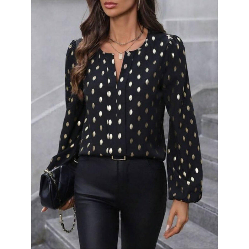 Women's black white polka dot long sleeve blouse relaxed fit round neck keyhole detail