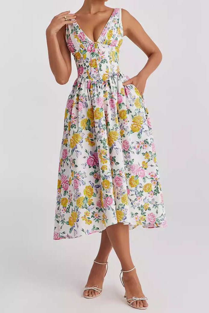 Floral midi dress women A-line silhouette sleeveless V-neck chic versatile print