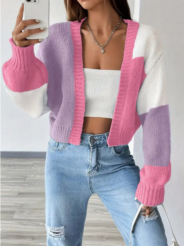 Women's short fit knit cardigan V-neck block pattern wool blend polished layering piece