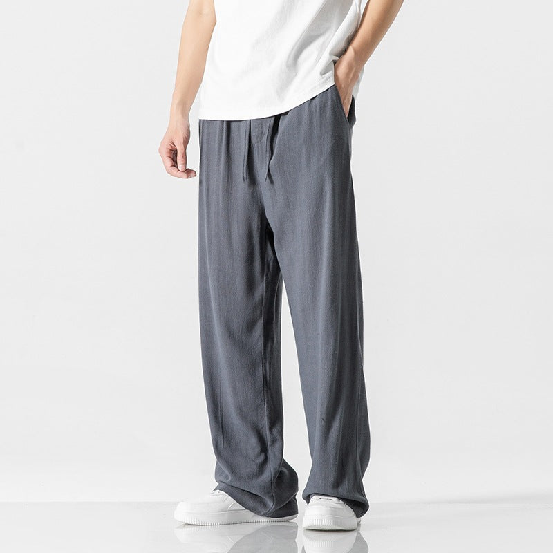 Men's linen blend loose fit trousers with drawstring waist, breathable full-length casual pants