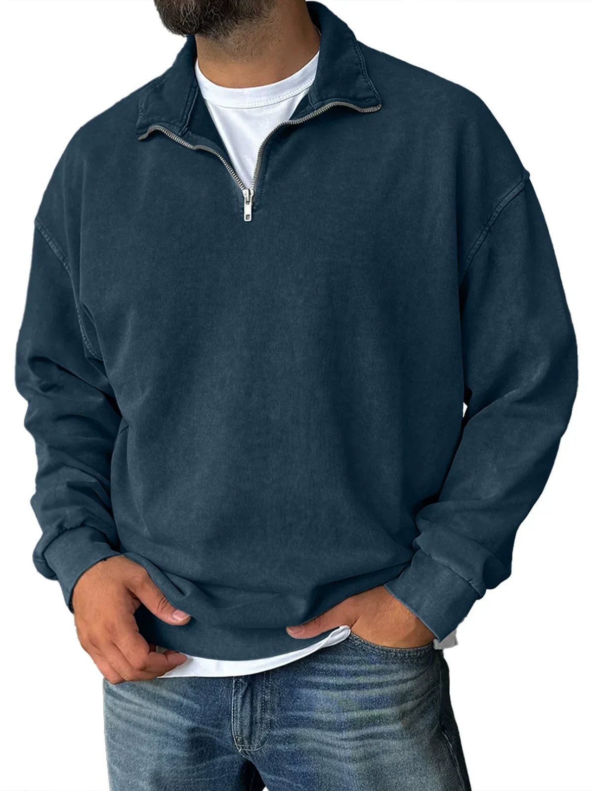 Men's gray relaxed fit half-zip sweatshirt with stand collar cotton blend casual streetwear