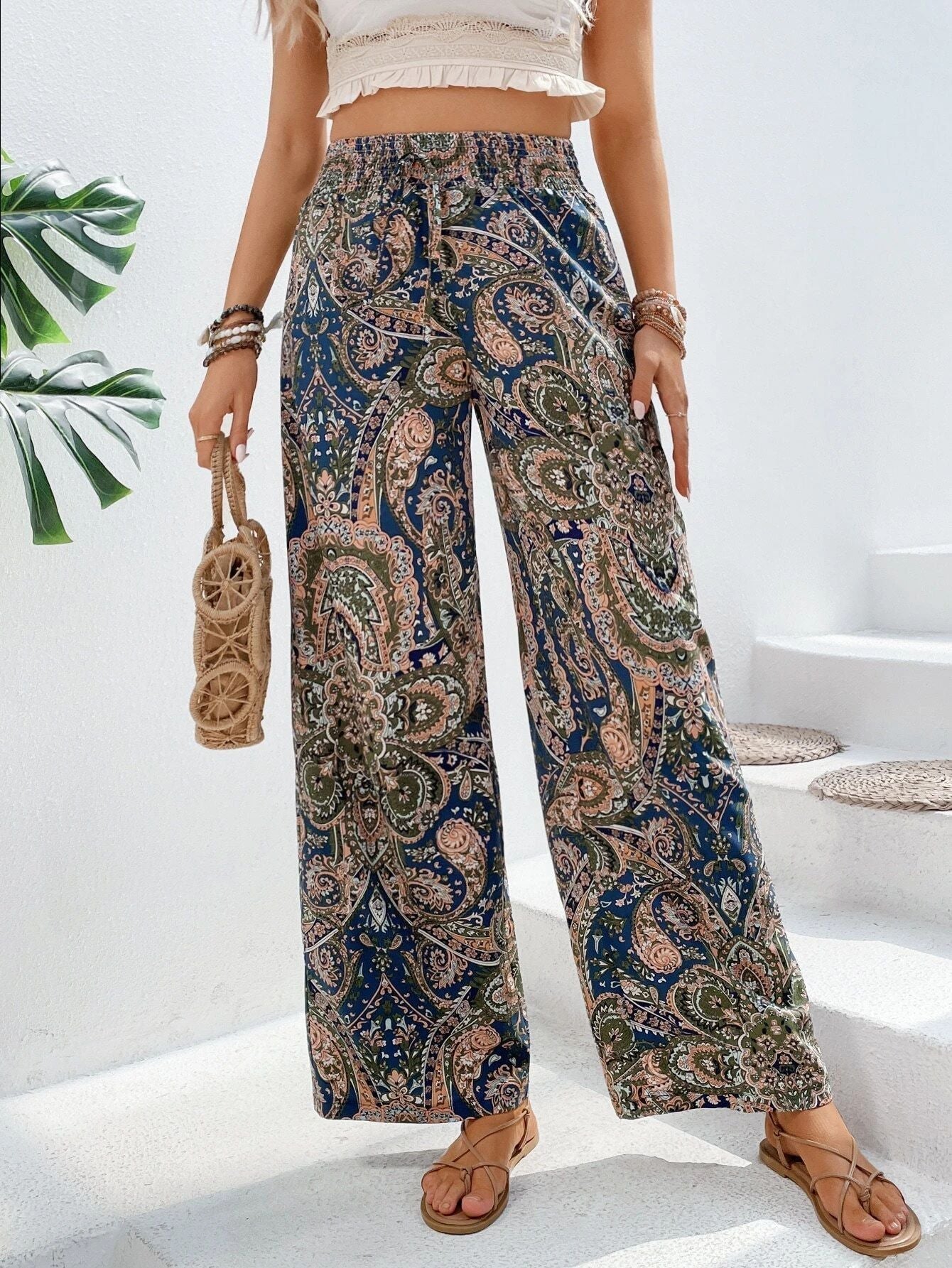 Women's wide-leg boho print pants relaxed fit lightweight draped fabric with elastic waist