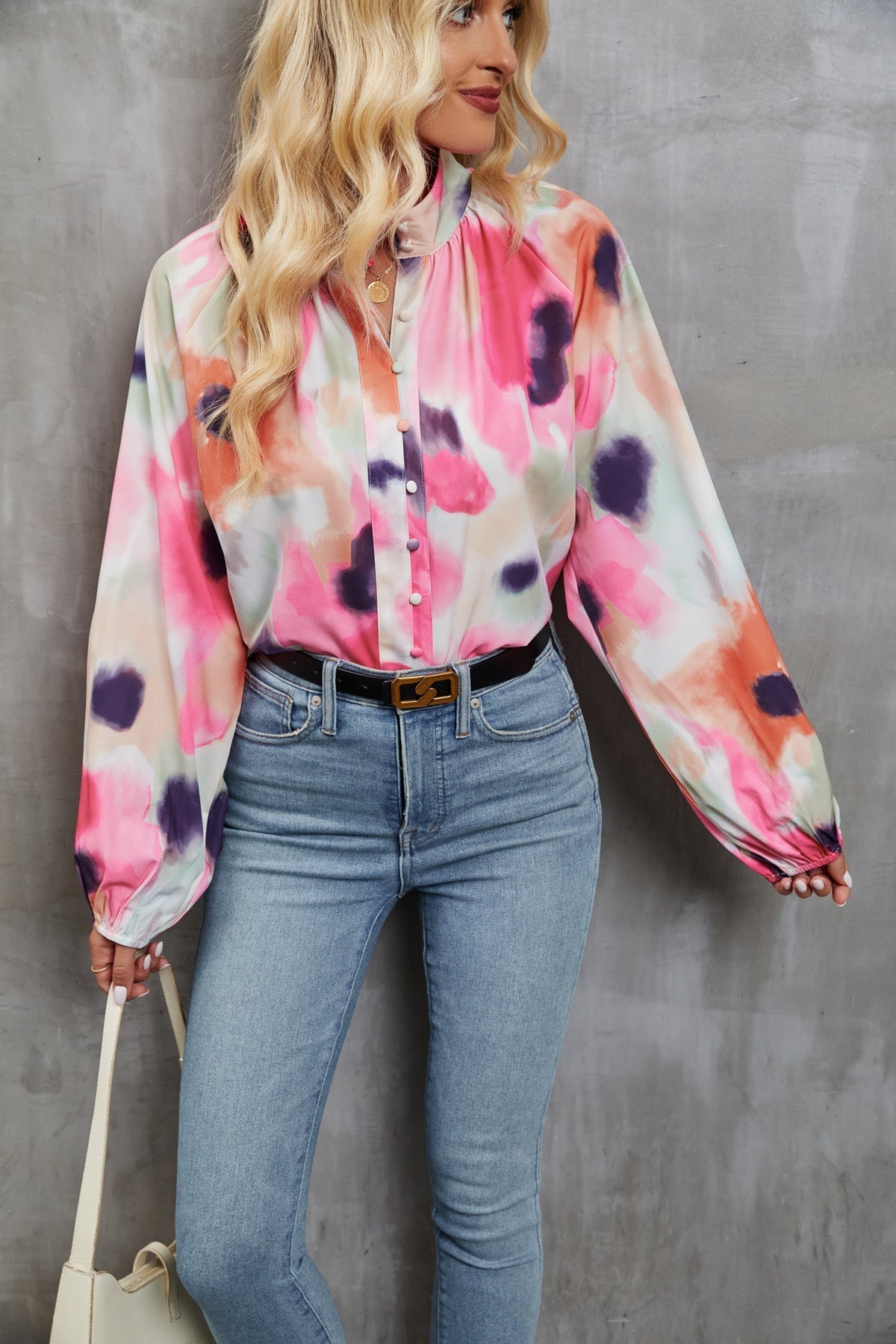 Women's relaxed fit cotton blouse with artistic abstract print, lightweight breathable everyday top