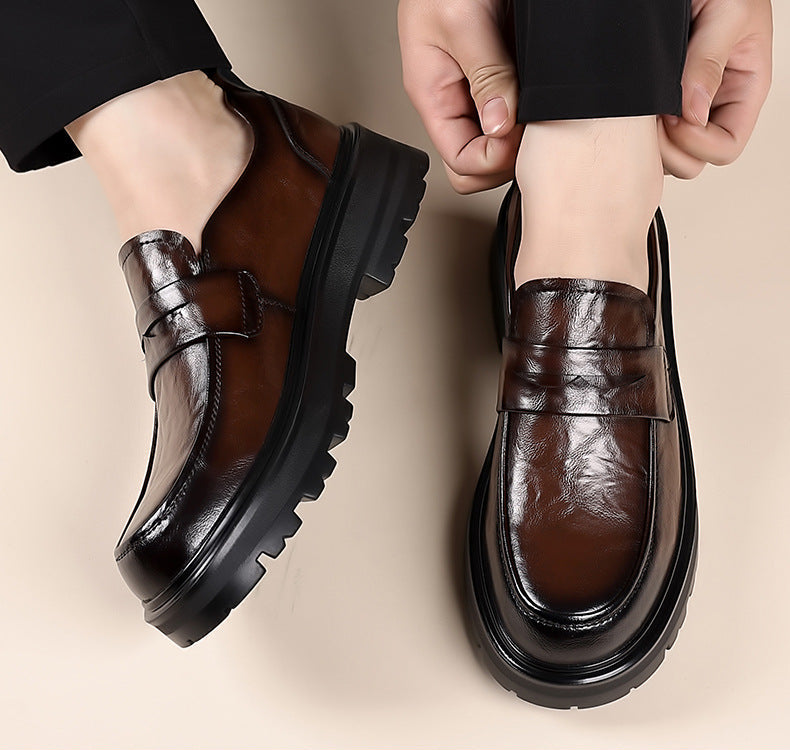 Men's brown PU leather slip-on loafers with penny strap moc toe and cushioned comfort sole