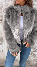 Women's faux fur jacket relaxed fit high neck zipper cozy plush winter style