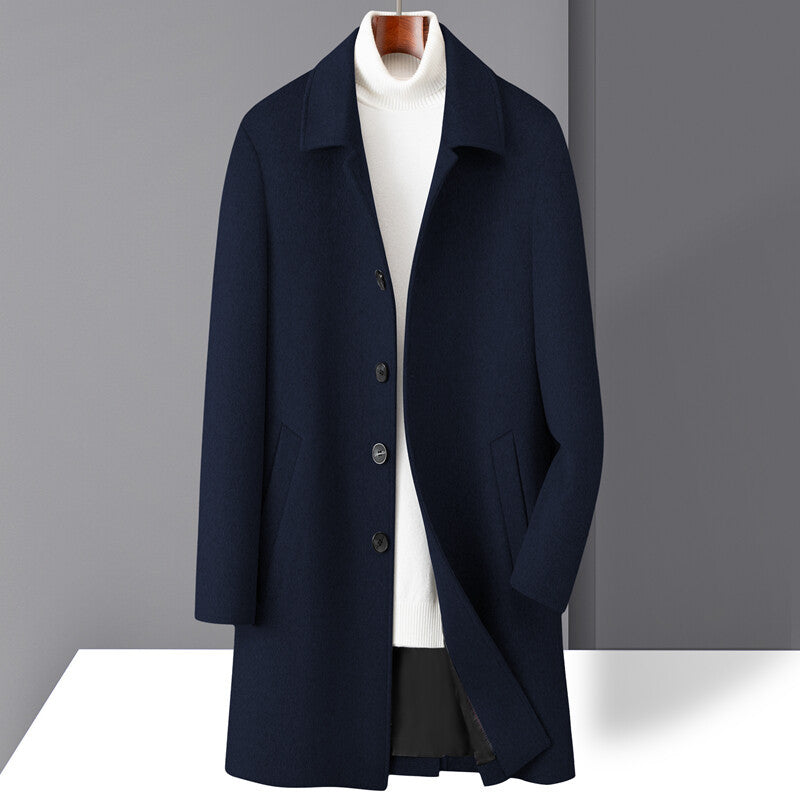 Men's mid-length wool blend overcoat single-breasted straight-cut silhouette premium structured drape