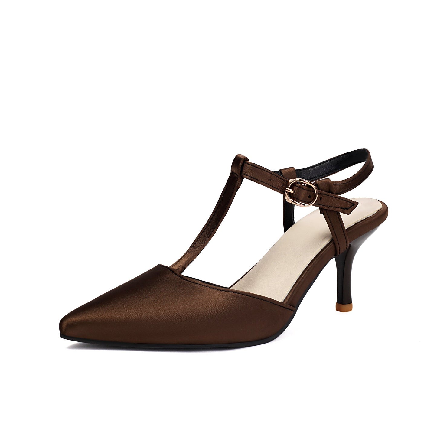 Women's satin high heel sandals pointed toe T-strap slim silhouette evening elegance formal wear
