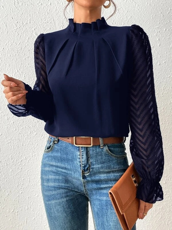 Women's elegant blouse with pleated mesh sleeves, flared cuffs, sheer transparent detail for office to evening