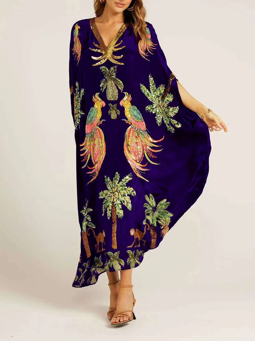 Tropical coconut tree print drop shoulder dress, relaxed fit, women's beach vacation casual style