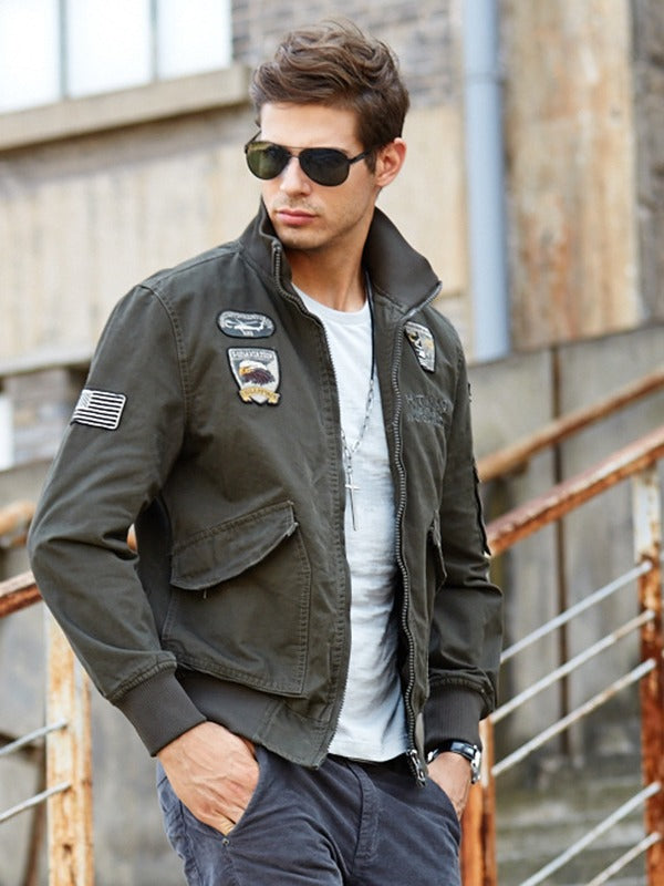 Men's black bomber jacket standard fit stand collar with patches and utility pocket streetwear style