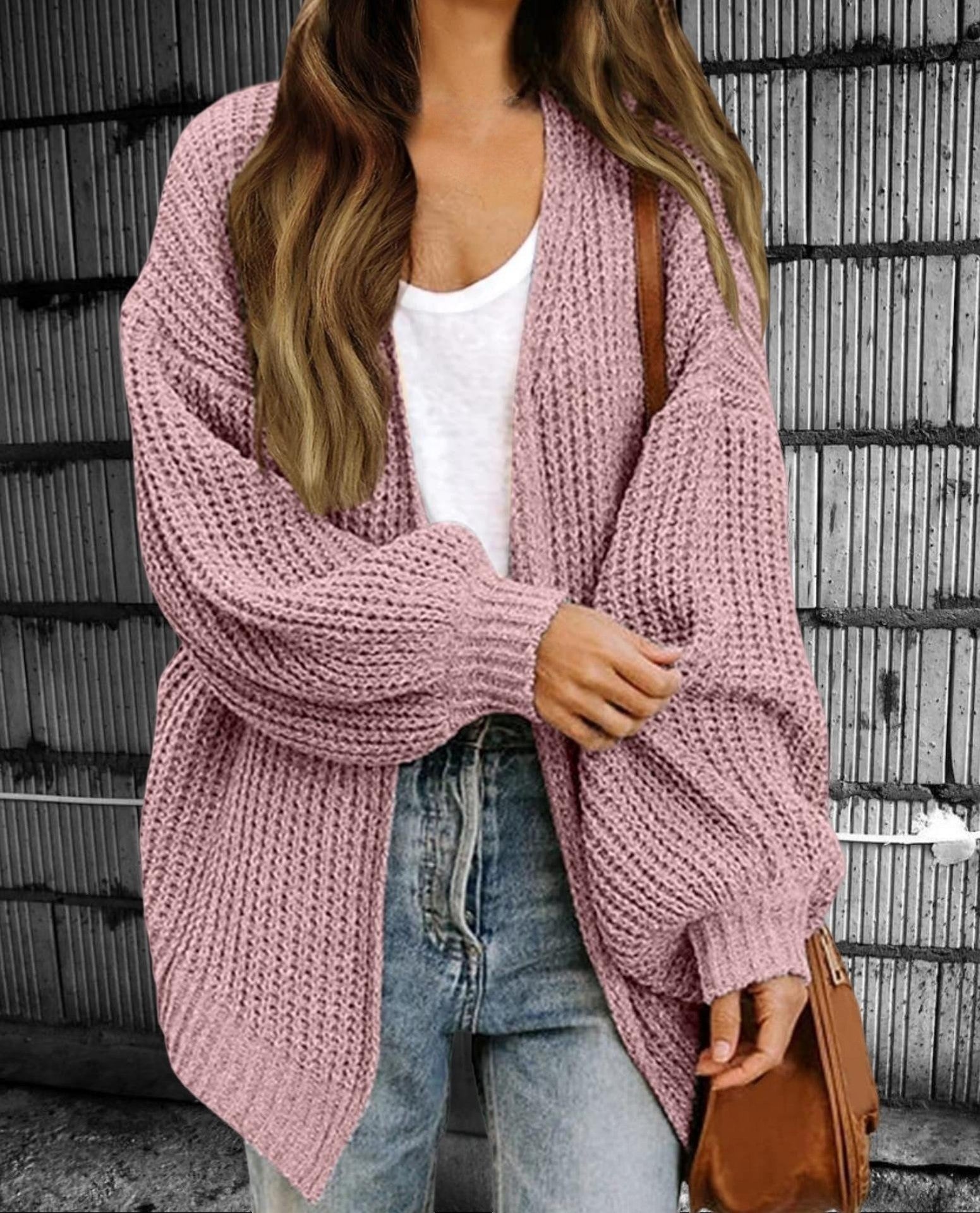 Women's chunky knit oversized open-front cardigan in cozy neutral tones for casual fall layering